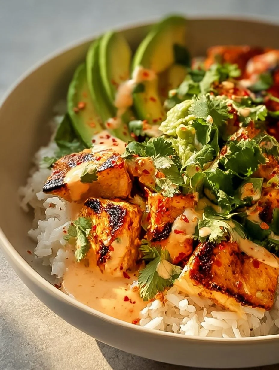 Delicious Coconut Chicken Rice Bowl garnished with fresh herbs and lime slices