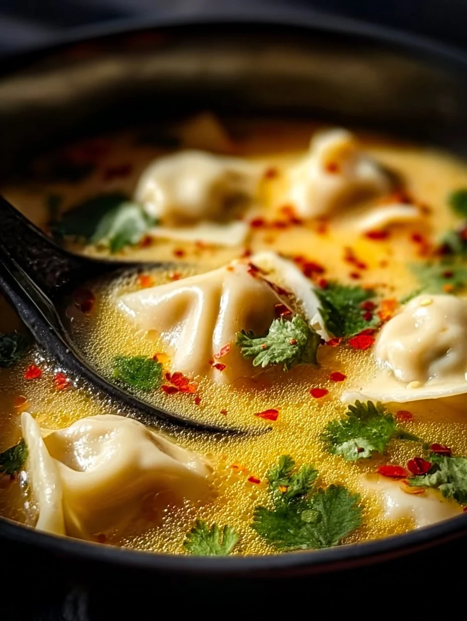 Bowl of comforting Thai Potsticker Soup with colorful vegetables and dumplings.