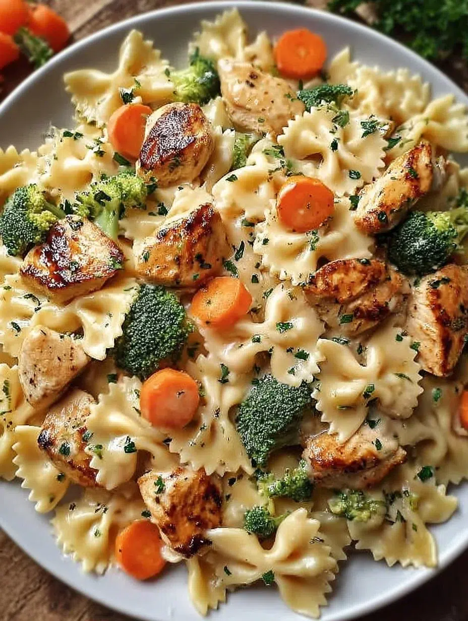 Creamy Cheddar & Havarti Chicken Bowtie Pasta topped with roasted vegetables