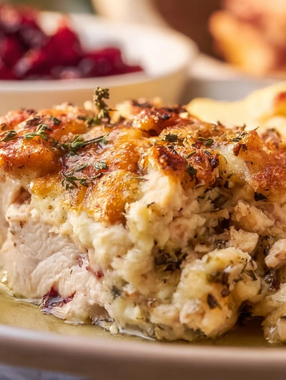 Creamy turkey casserole topped with breadcrumbs and herbs in a baking dish