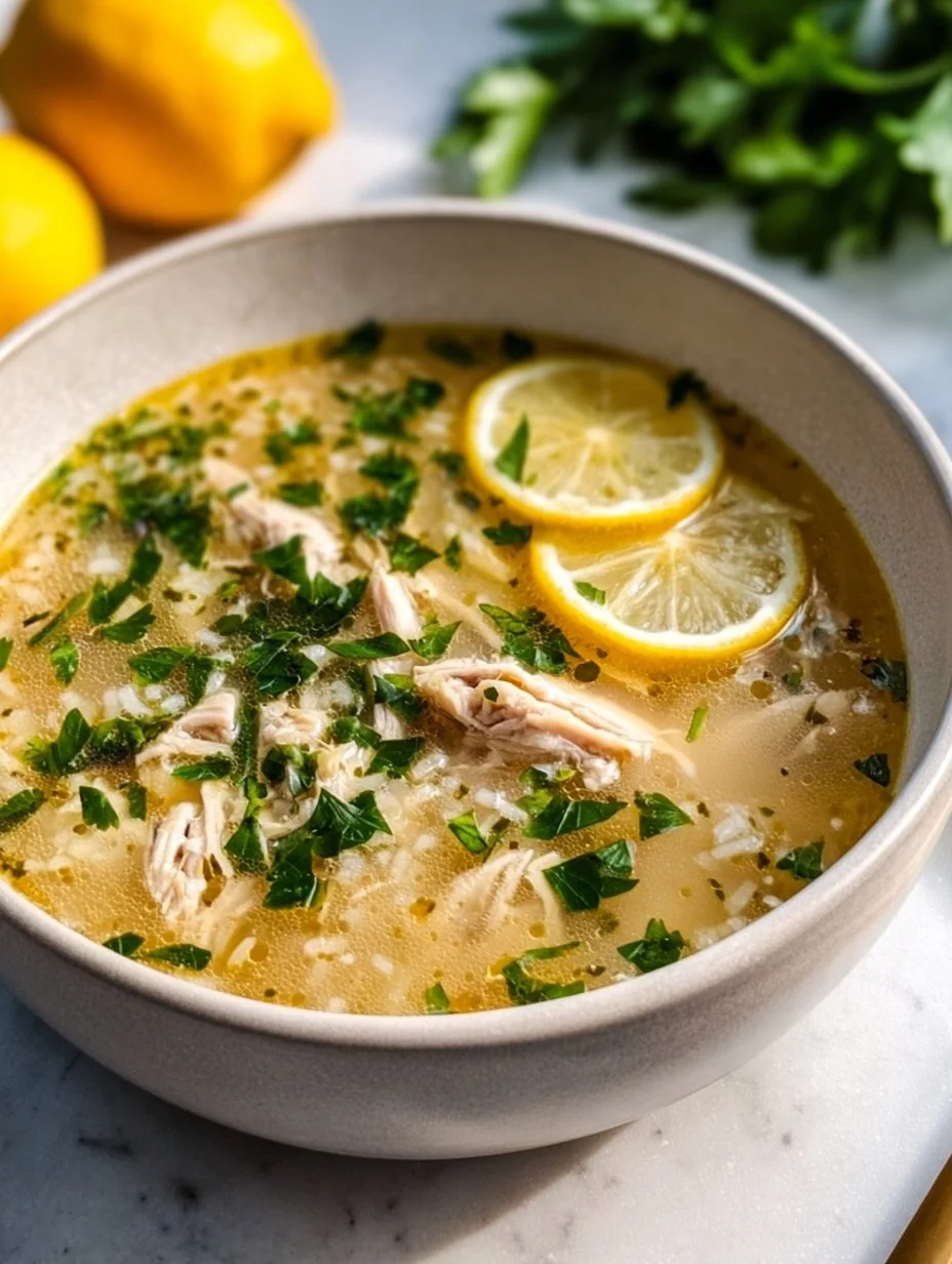 Bowl of homemade Crockpot Lemon Chicken Soup garnished with fresh herbs