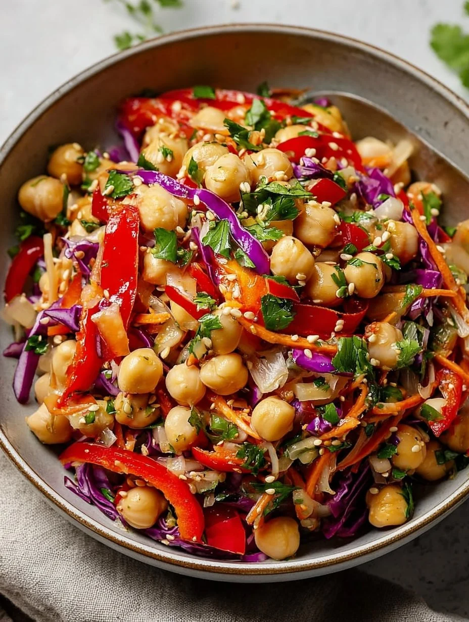 Crunchy Thai Chickpea Salad with colorful veggies and dressing