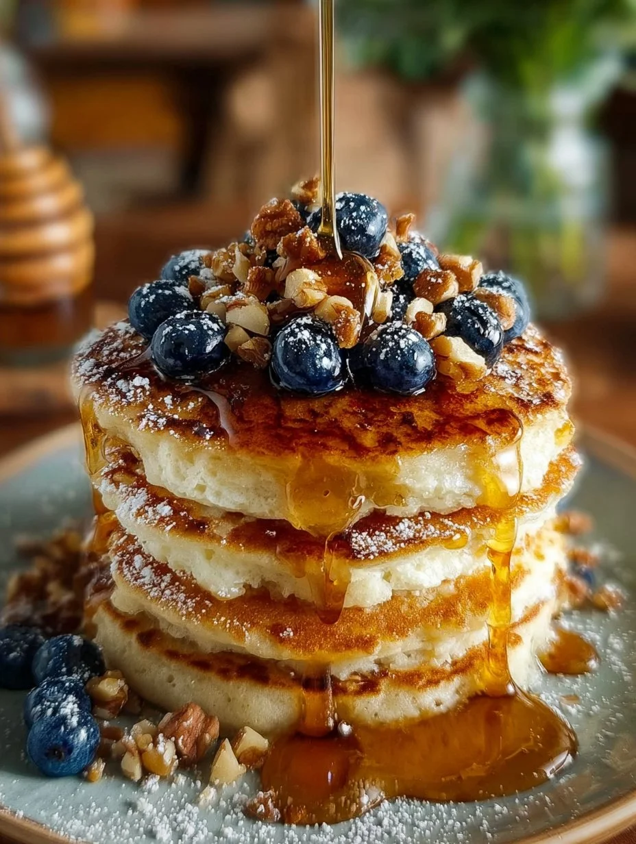 Fluffy maple cinnamon pancakes stacked with syrup and cinnamon sprinkle