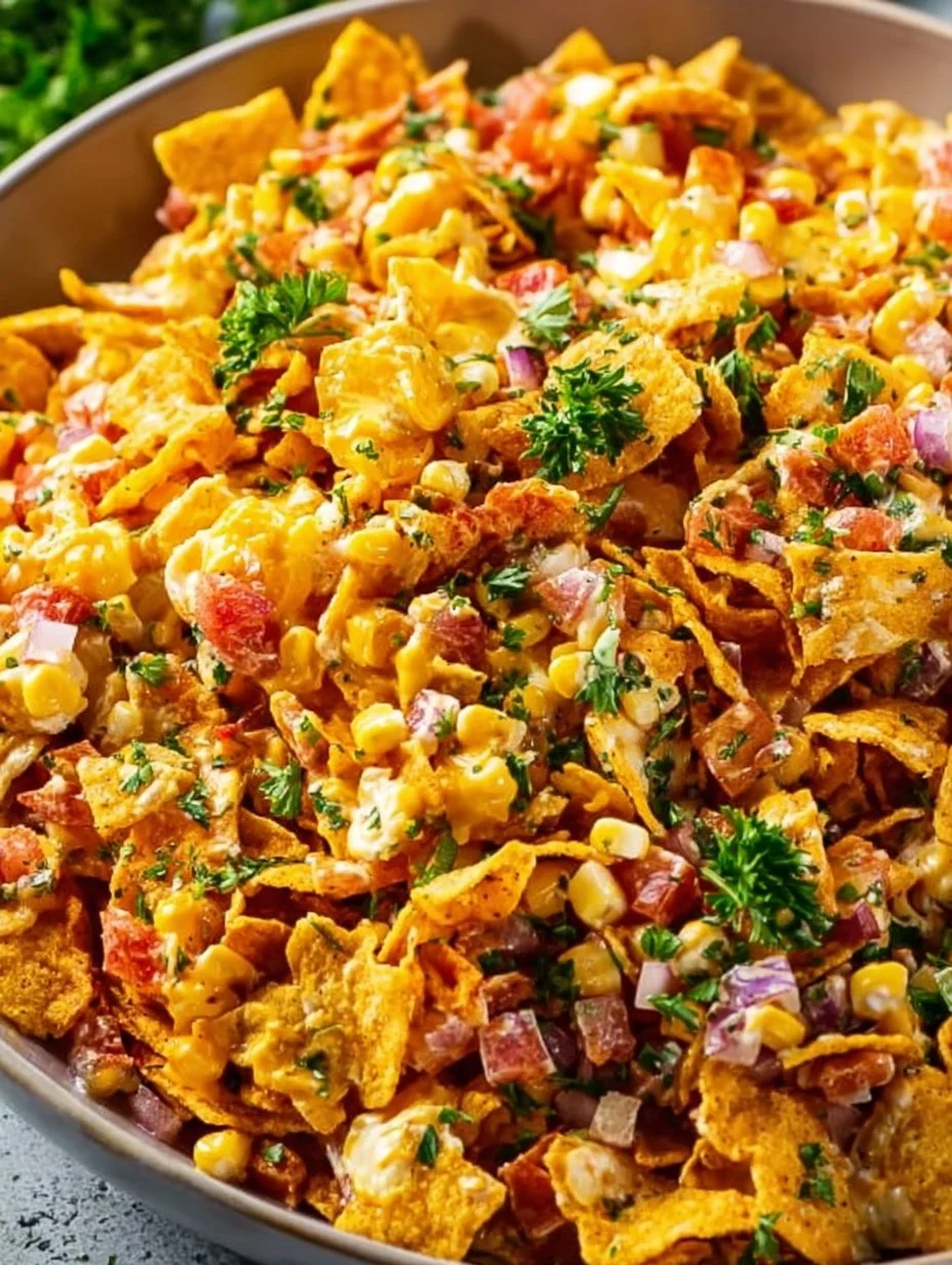 Bowl of colorful Frito Corn Salad with corn, Fritos, and veggies.