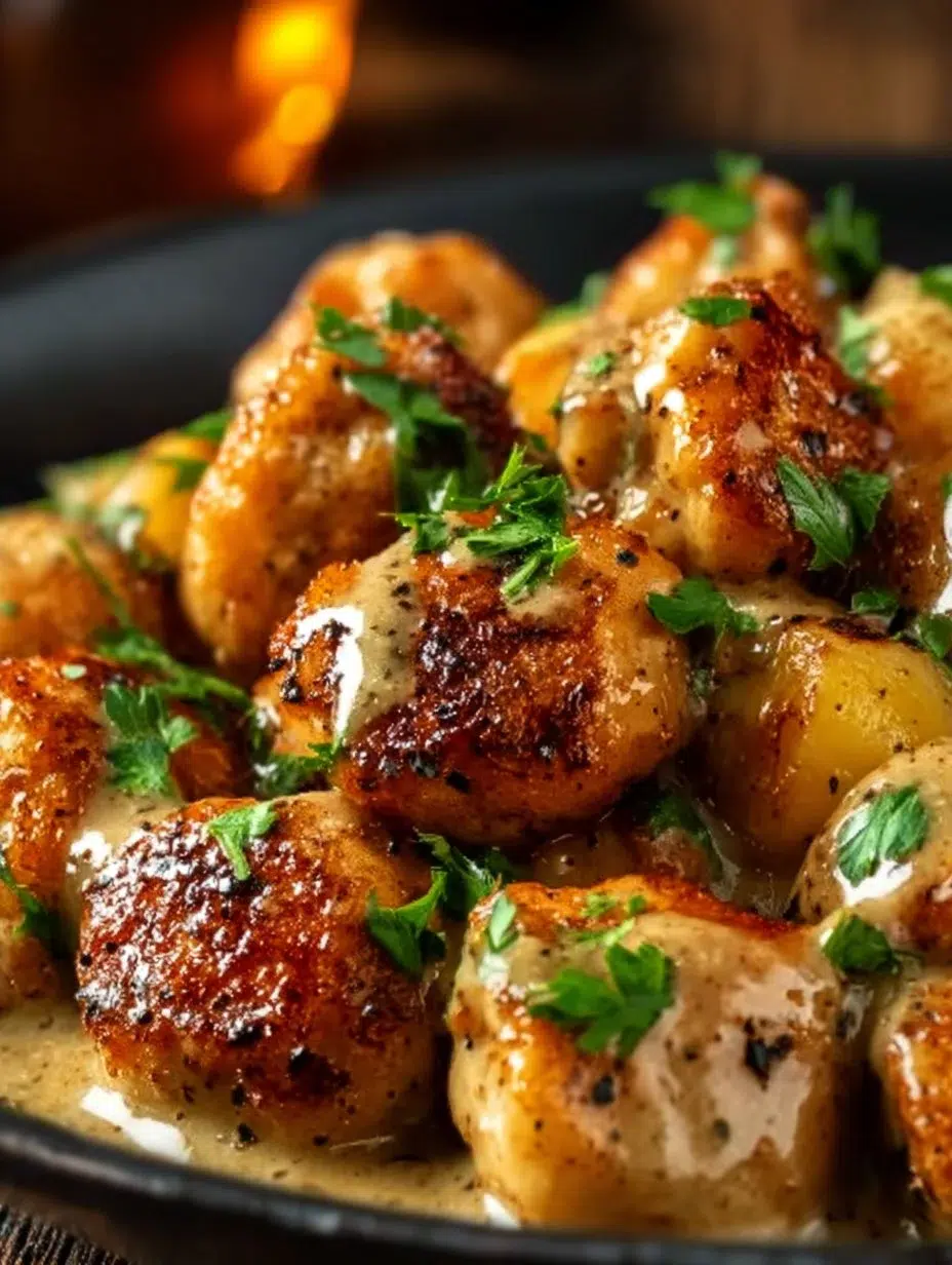 Delicious garlic butter chicken bites served on a plate with herbs