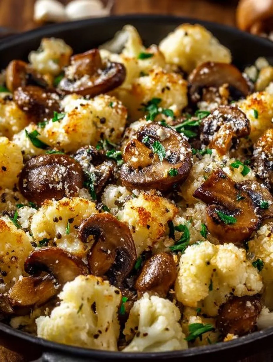 Delicious Garlic Cauliflower Mushroom Skillet served in a pan.