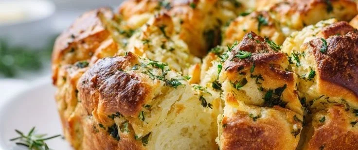 Gluten free herb garlic pull apart bread freshly baked and served with herbs.