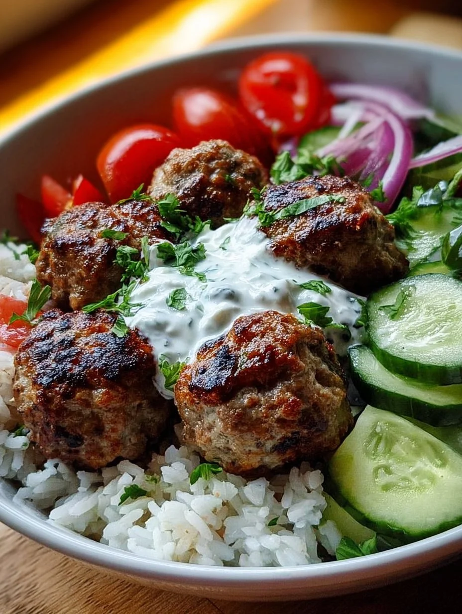 Greek Meatball Bowl with Tzatziki, Rice & Fresh Veggies