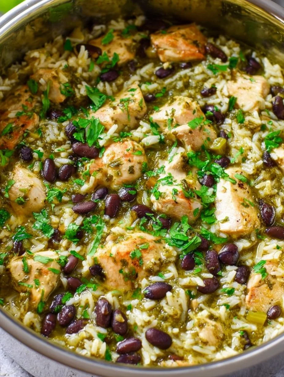 Delicious green sauce chicken skillet served with fresh herbs and vegetables