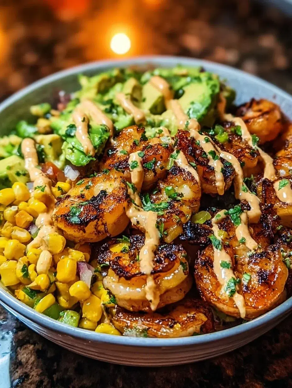 Grilled Shrimp Bowl with Avocado, Corn Salsa & Creamy Garlic Sauce