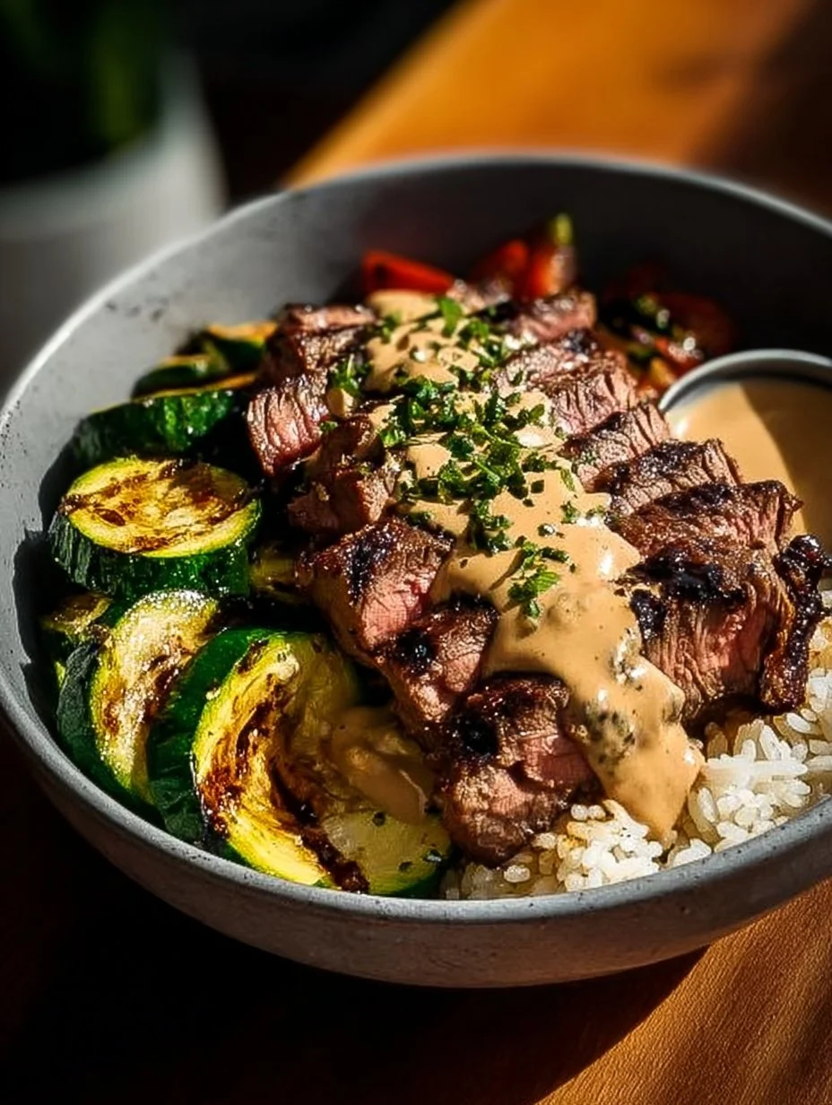 Grilled steak bowl with sauce and grilled zucchini on a plate