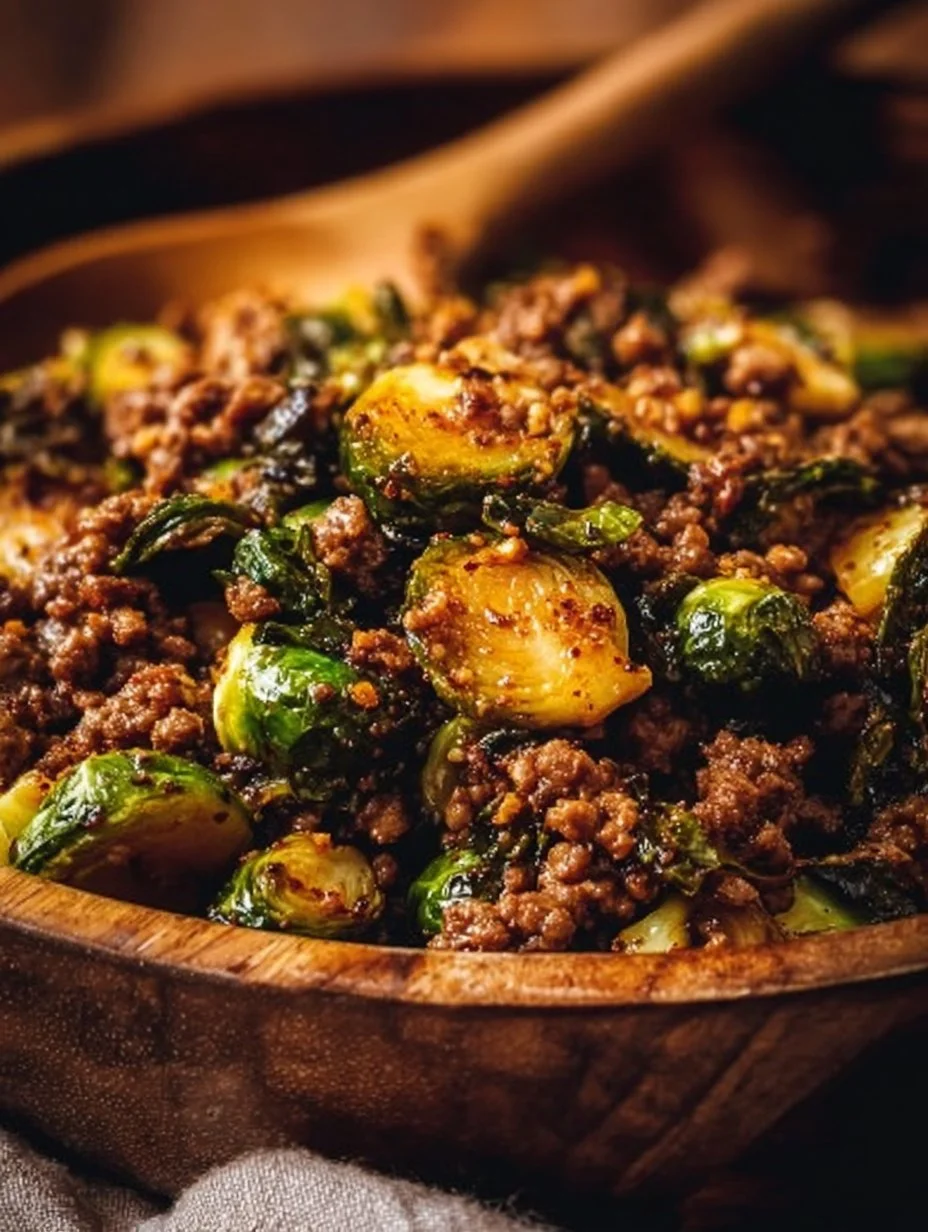 Ground beef and Brussels sprouts stir-fry dish