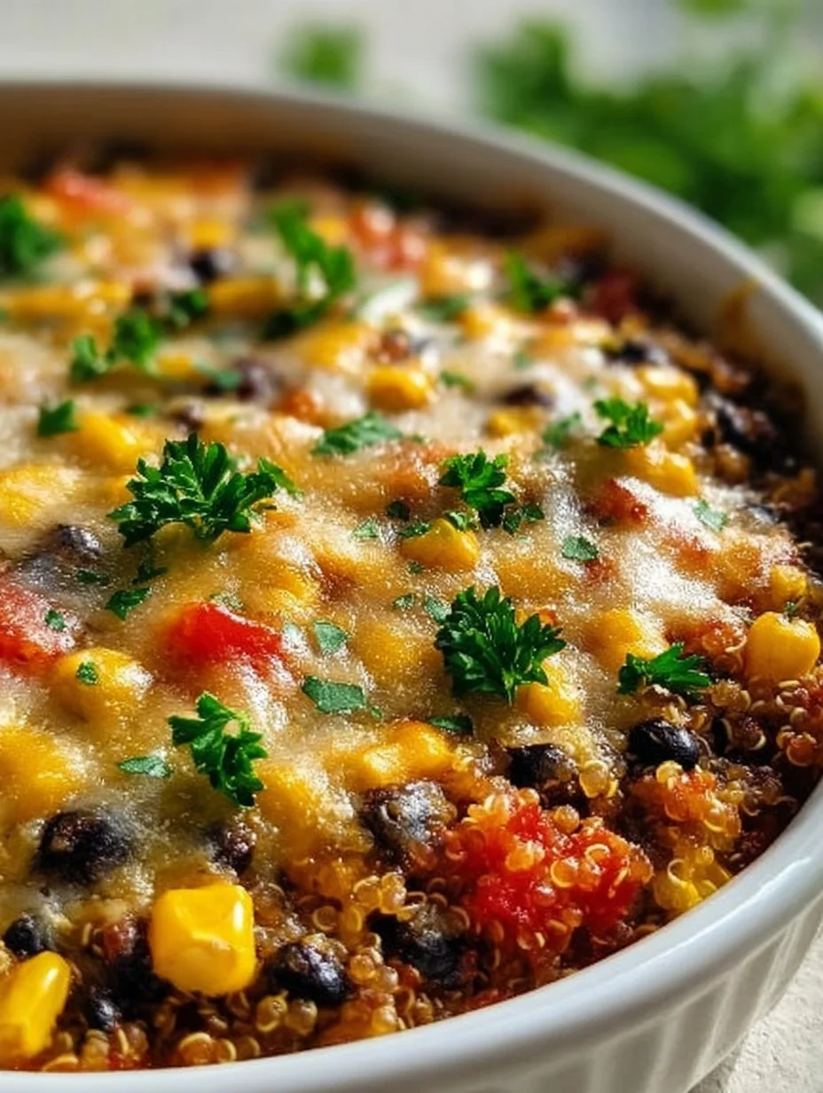 Healthy quinoa black bean casserole dish served in a ceramic bowl