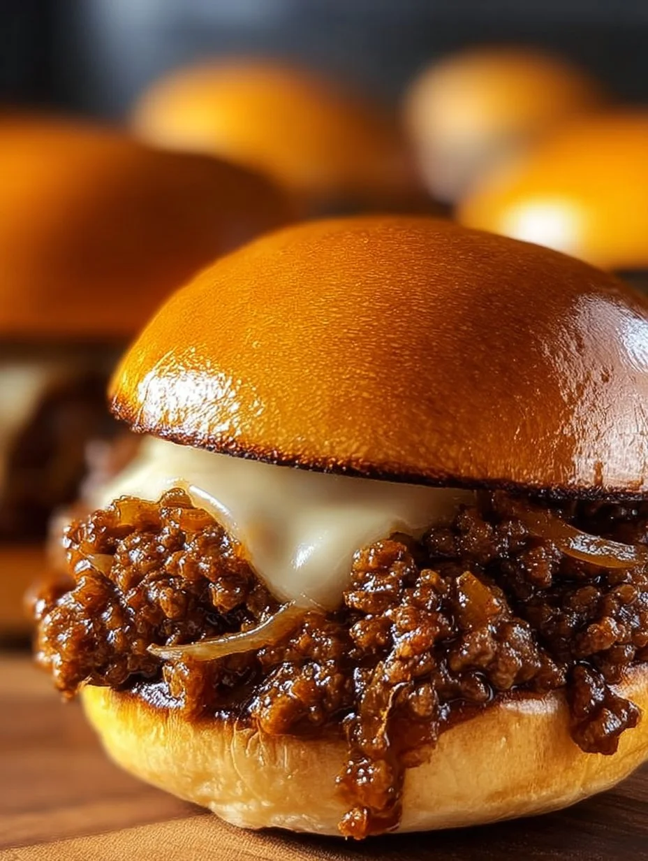 Delicious French Onion Beef Sloppy Joes served with melted cheese and fresh herbs