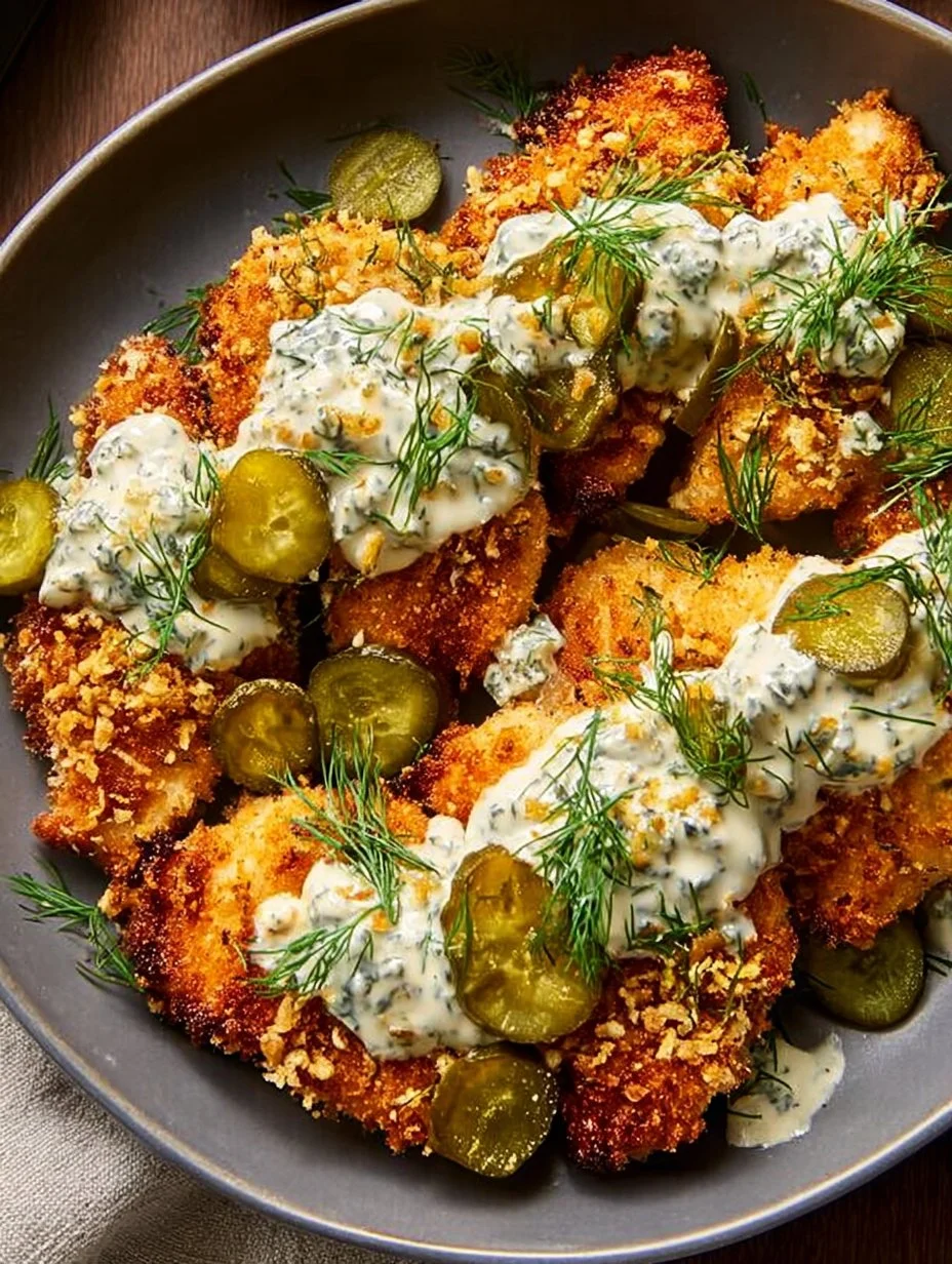 Dill Pickle Parmesan Chicken garnished with herbs on a plate