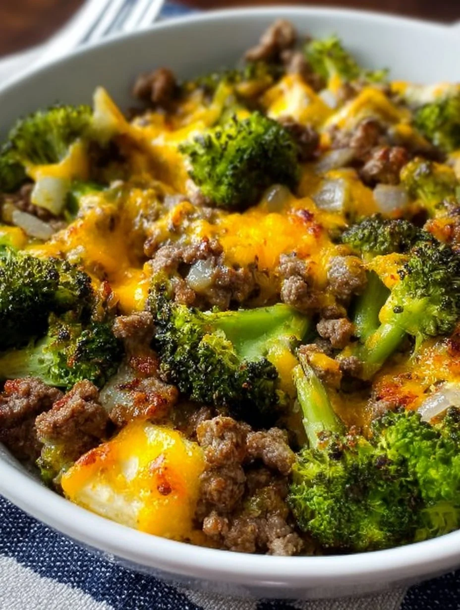 Keto Hamburger Broccoli Skillet served in a cast iron pan