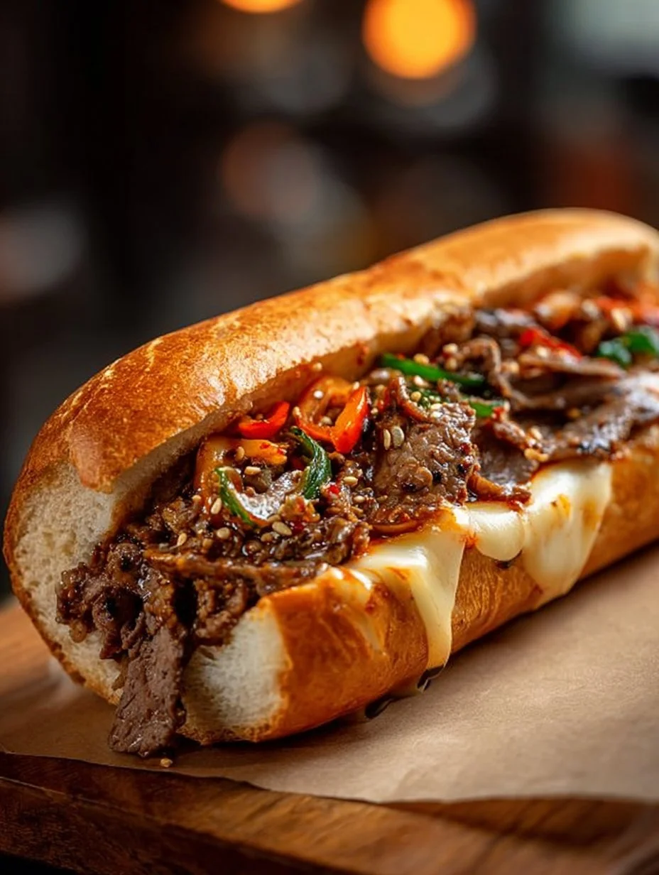 Korean-inspired kimchi bulgogi cheesesteak with savory ingredients and vibrant colors