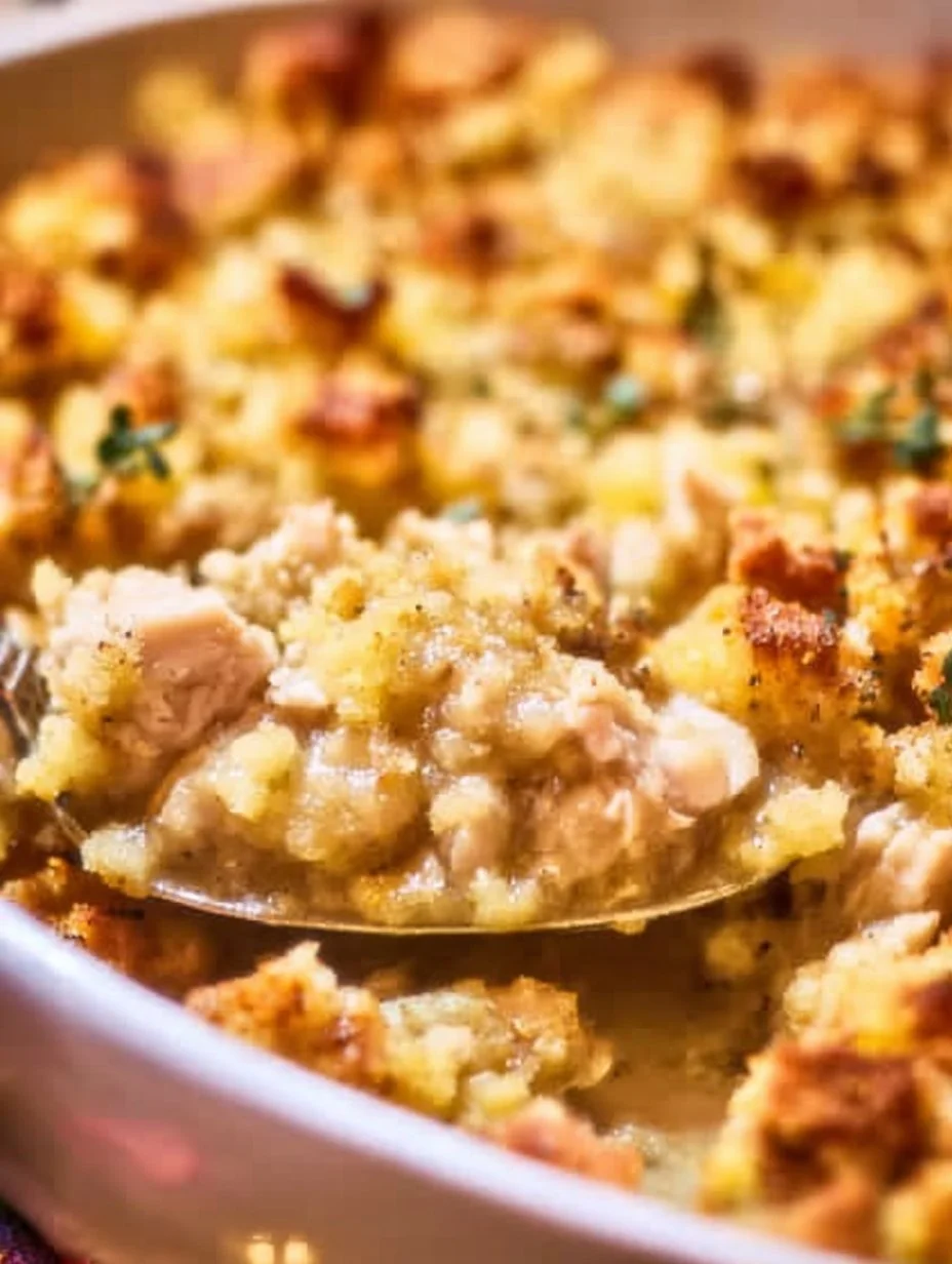 Leftover turkey casserole served in a dish with vegetables and cheese topping