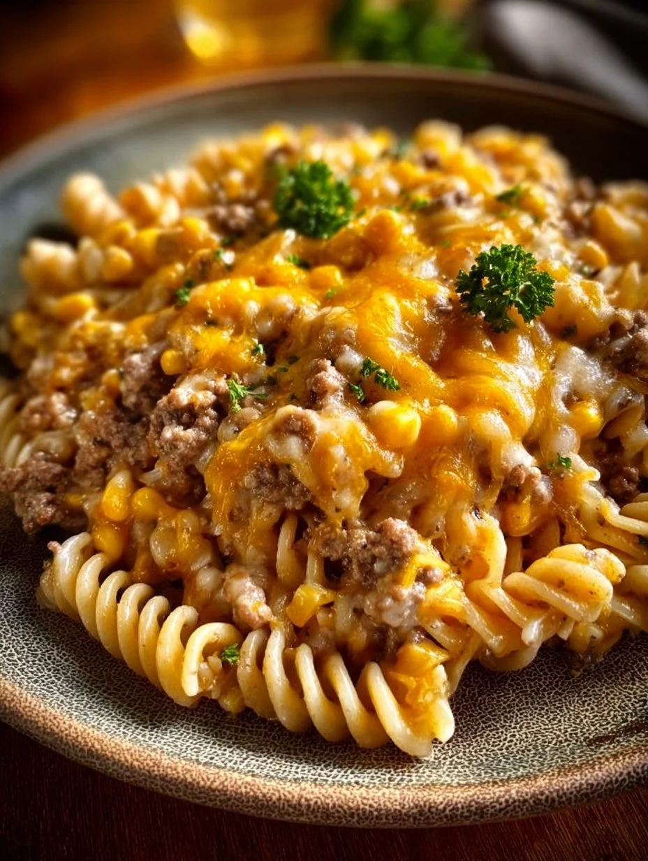 Loaded Cheddar Ranch Beef and Sweet Corn Rotini Bake