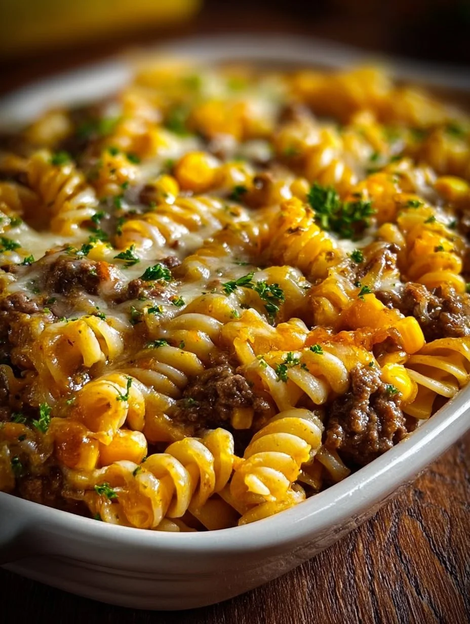 Loaded Cheddar Ranch Beef and Sweet Corn Rotini Bake