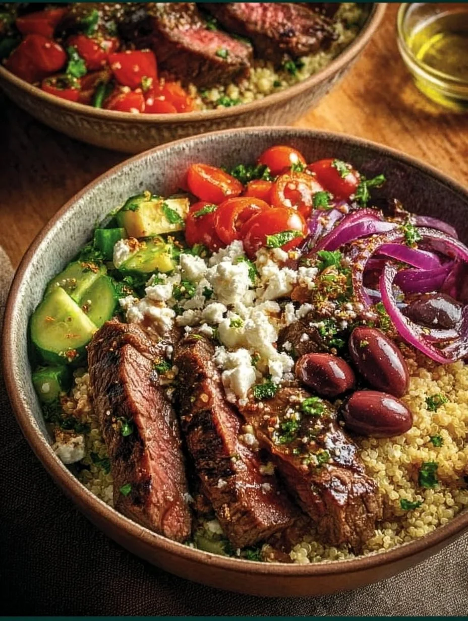 Mediterranean steak bowls with fresh vegetables and herbs on a wooden table