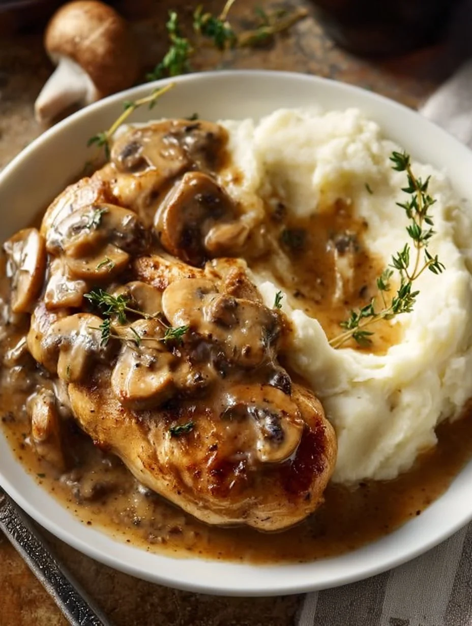 Delicious Mushroom Chicken served on a plate with herbs and spices