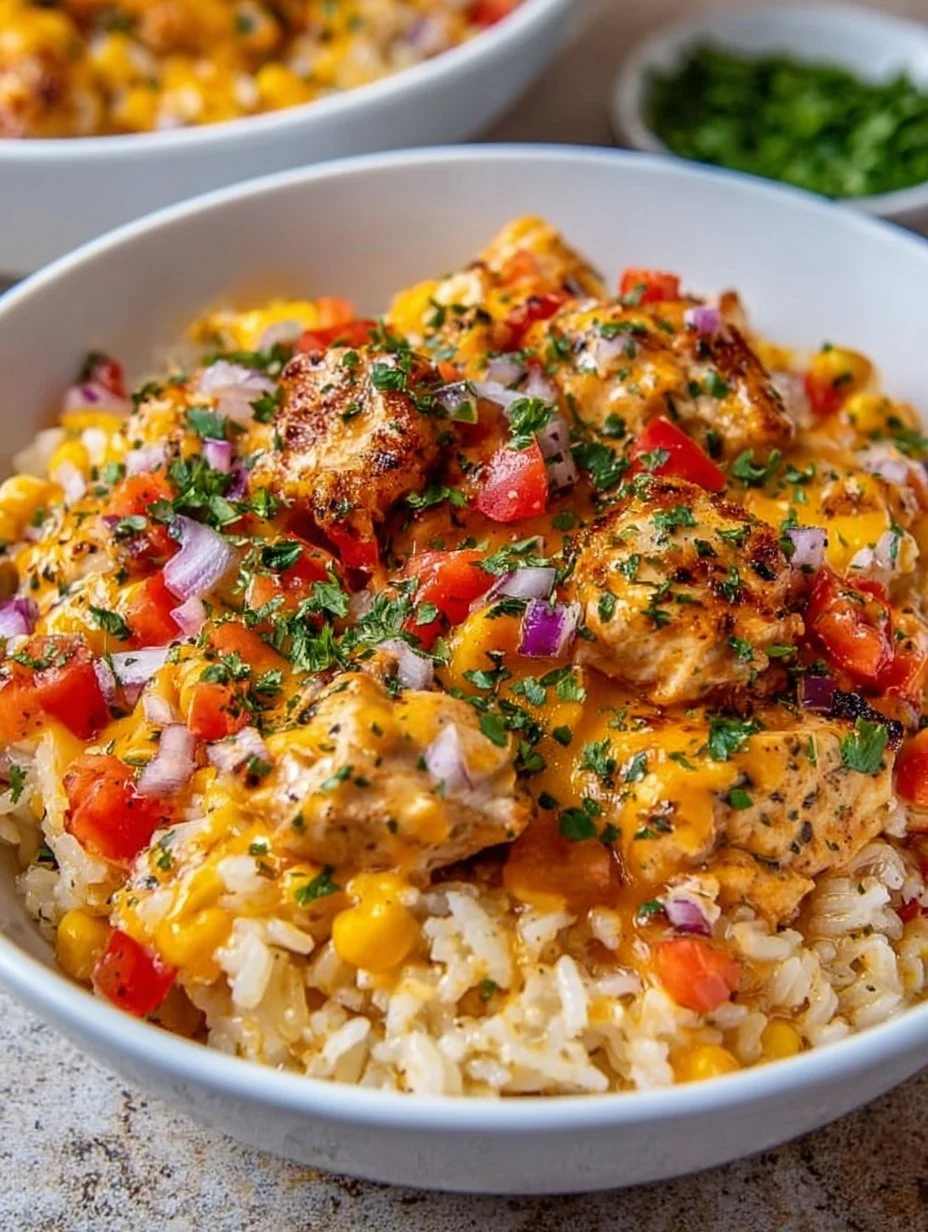 One-Pot Cheesy Southwest Chicken & Rice dish with vibrant spices and cheese.