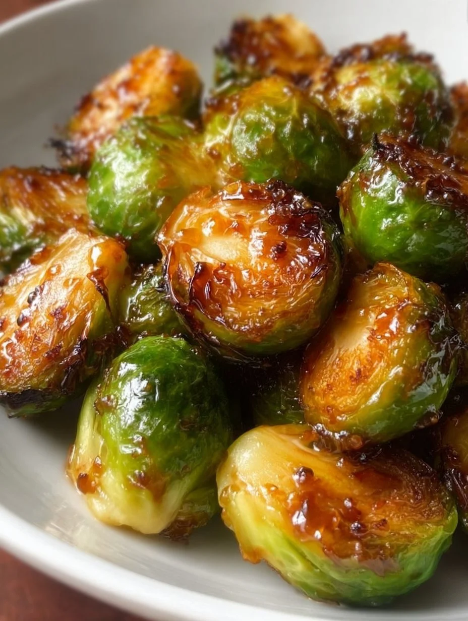 Orange maple glazed Brussels sprouts dish garnished with herbs.