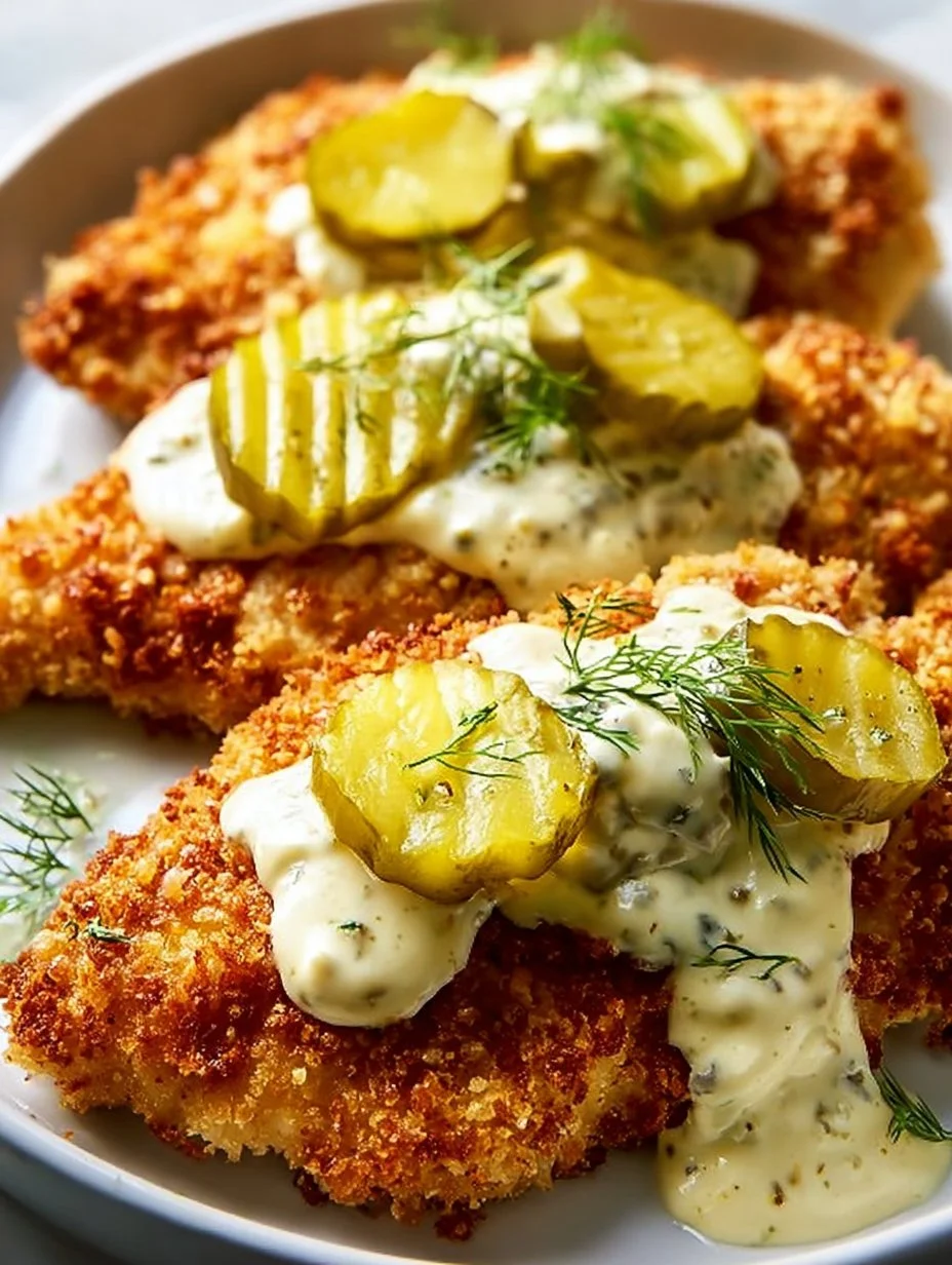 Plate of Parmesan Chicken with Dill Pickle Ranch sauce drizzled on top