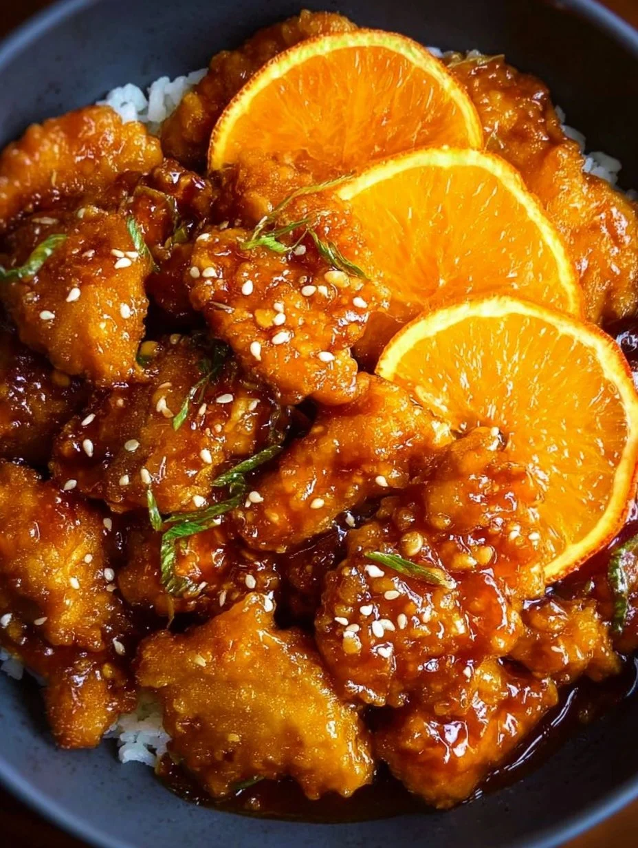 Delicious homemade orange chicken served with rice and vegetables.
