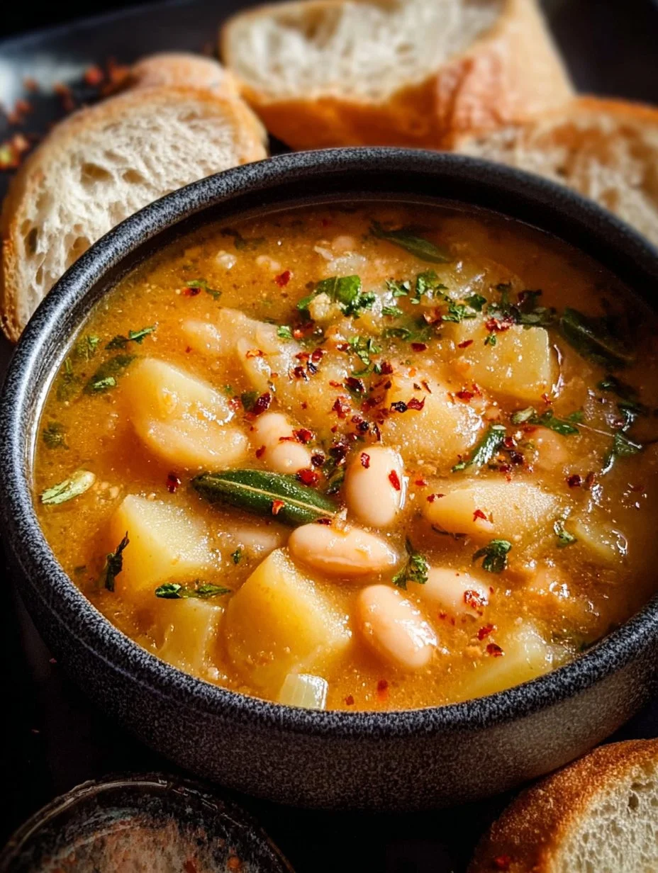 Bowl of delicious Potato Bean Soup garnished with fresh herbs