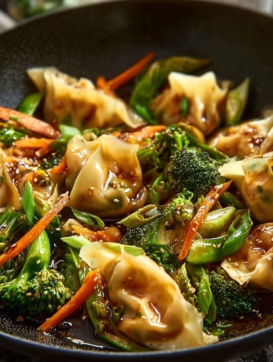 A colorful potsticker stir fry featuring crispy potstickers and fresh vegetables.