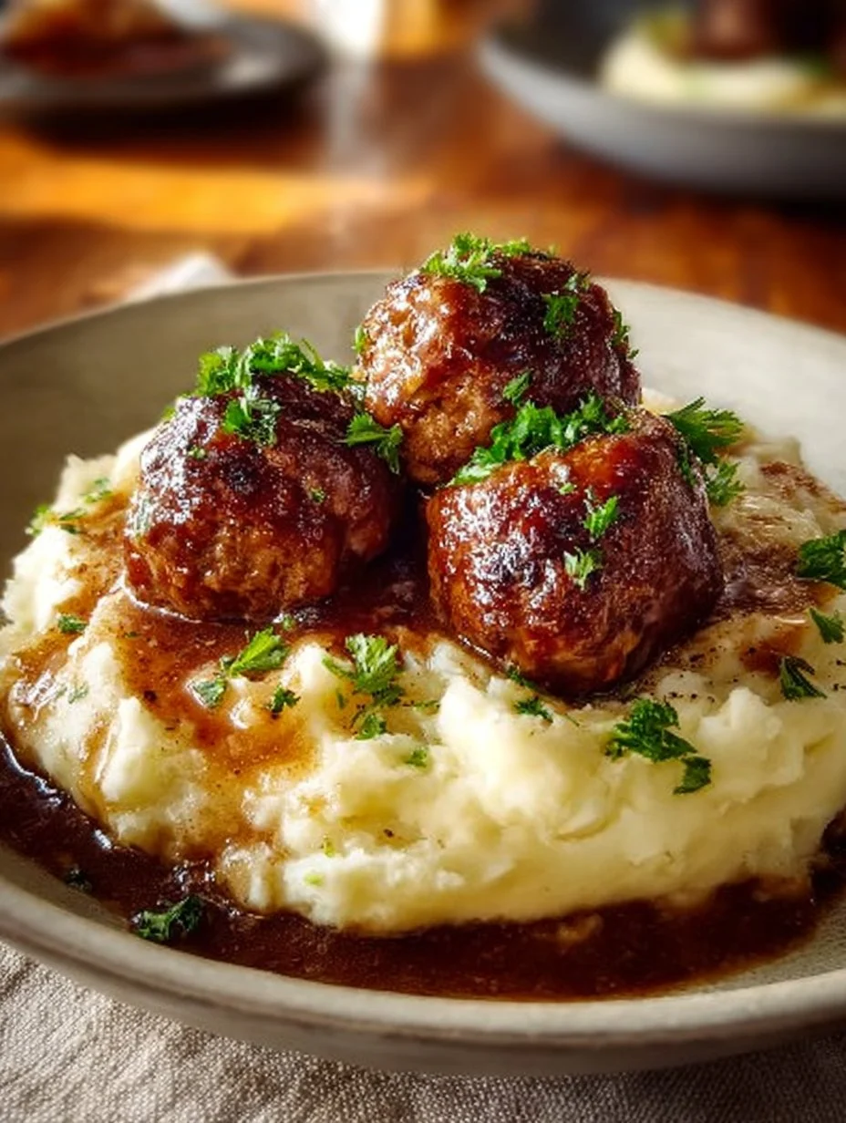 Salisbury steak meatballs with garlic herb mashed potatoes on a plate.