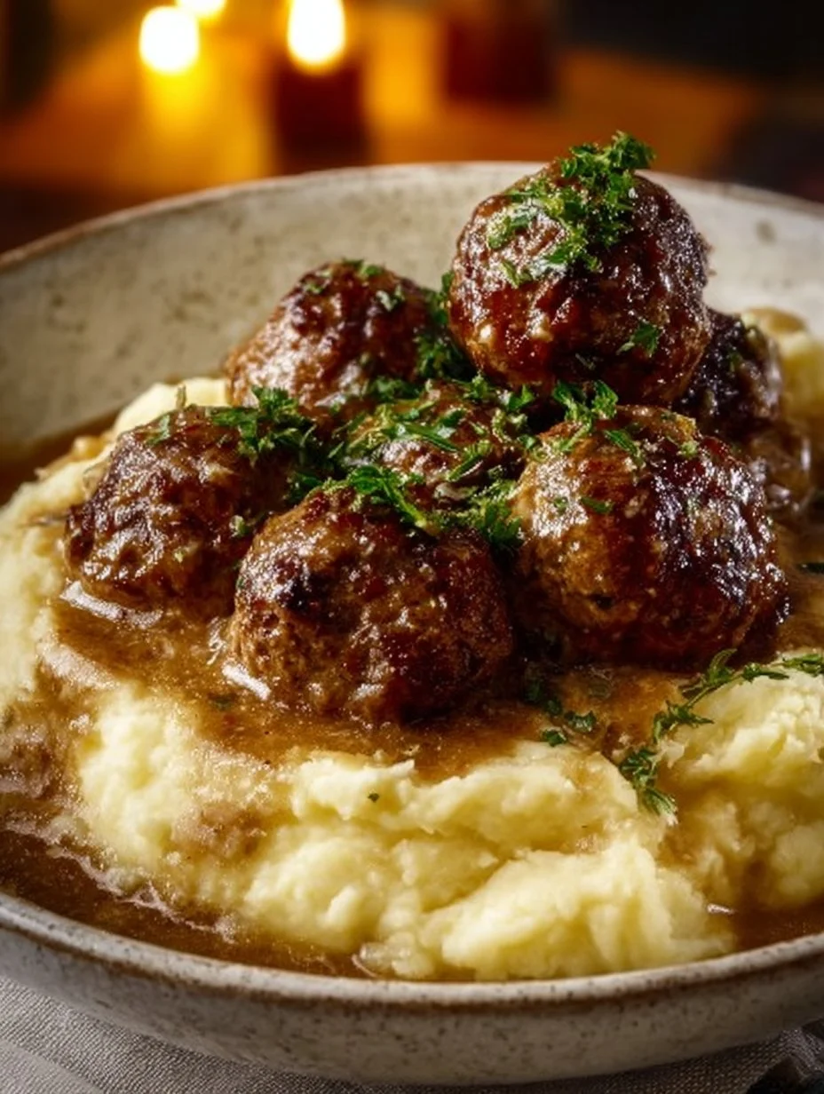 Salisbury Steak Meatballs with Garlic Herb Mashed Potatoes
