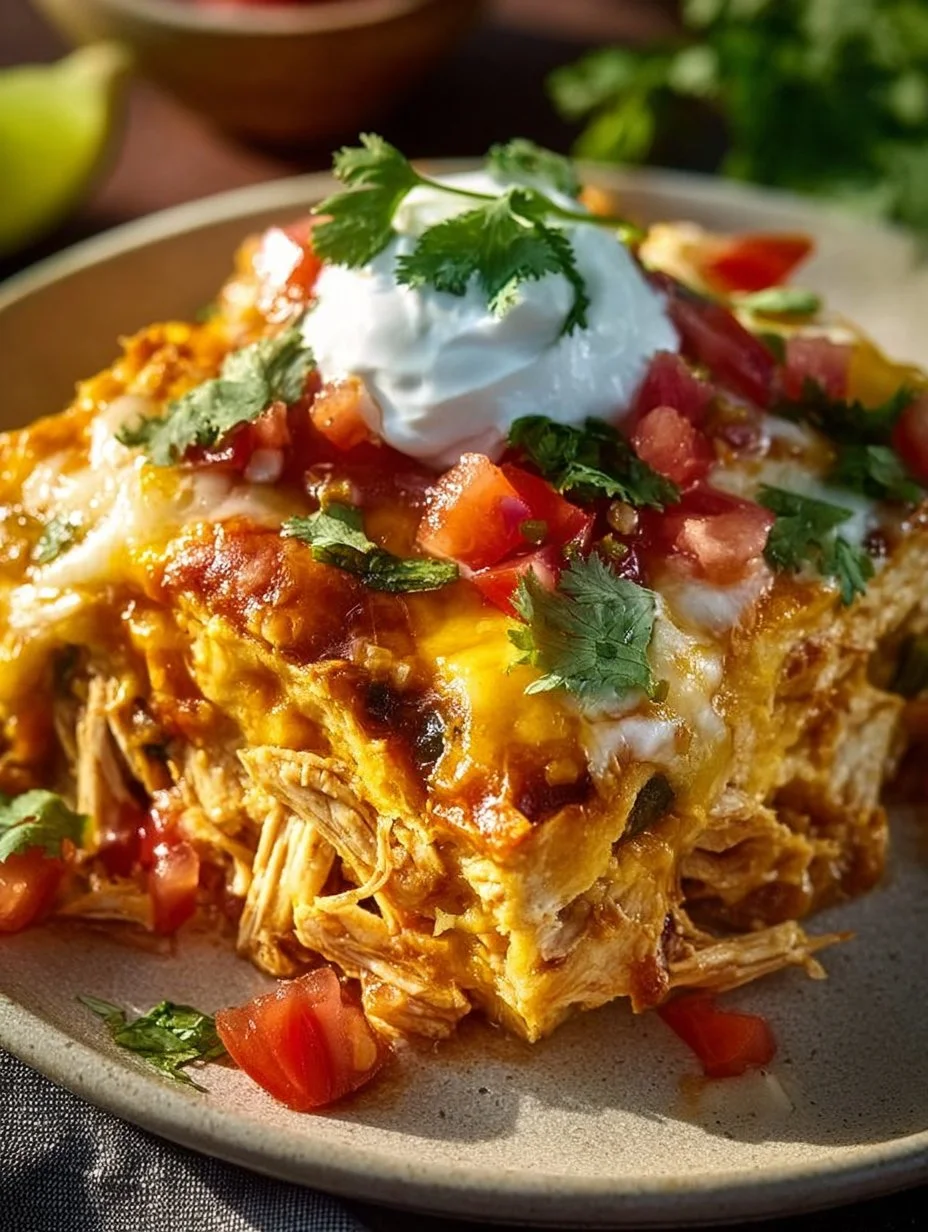 Shredded chicken enchilada casserole topped with cheese and garnished with cilantro