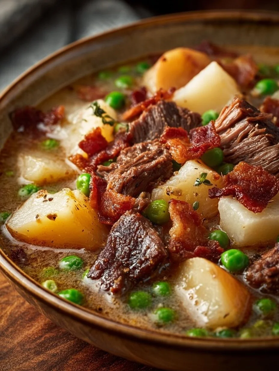Bowl of smoked brisket potato soup topped with green onions and served with bread