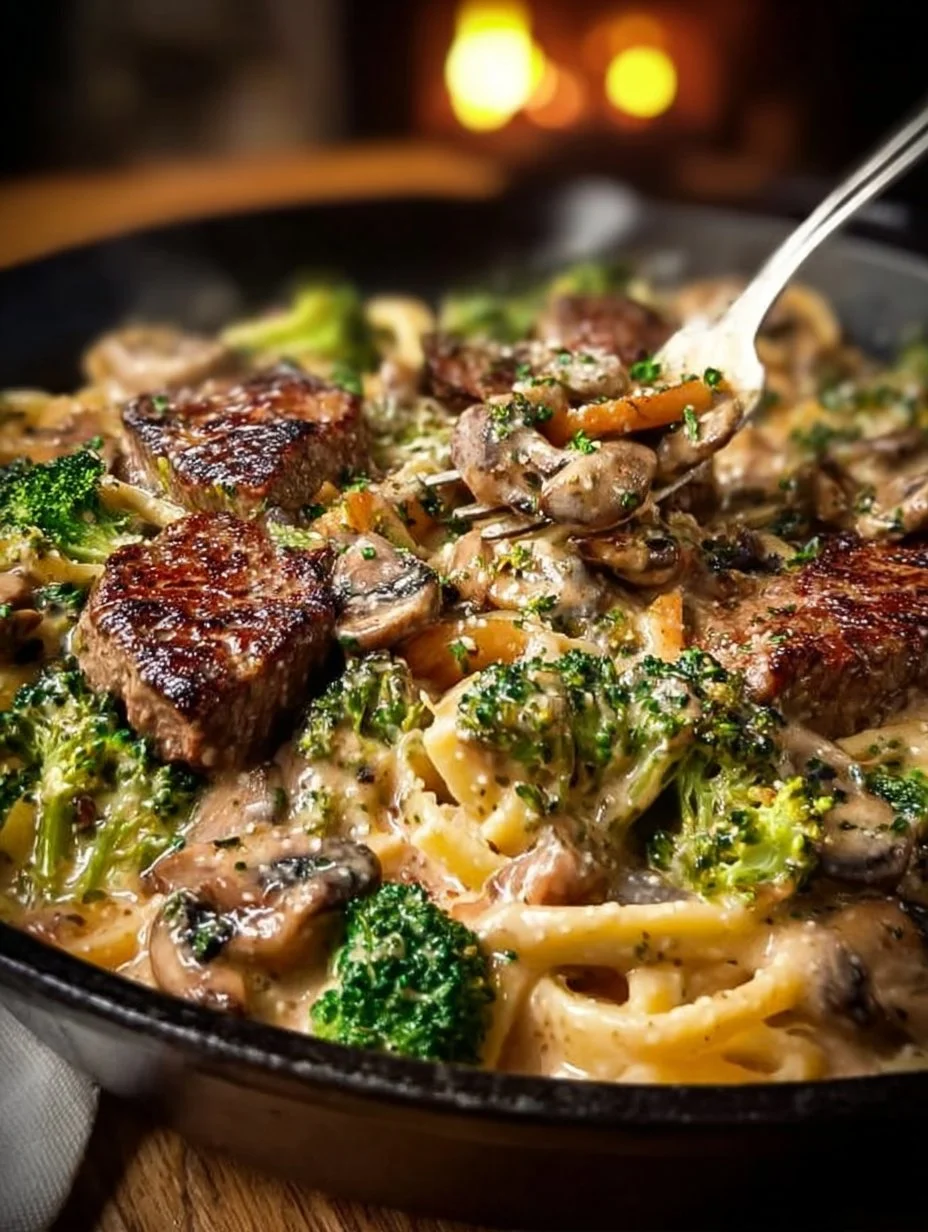 Smoky Parmesan Steak Linguine with Broccoli & Mushrooms