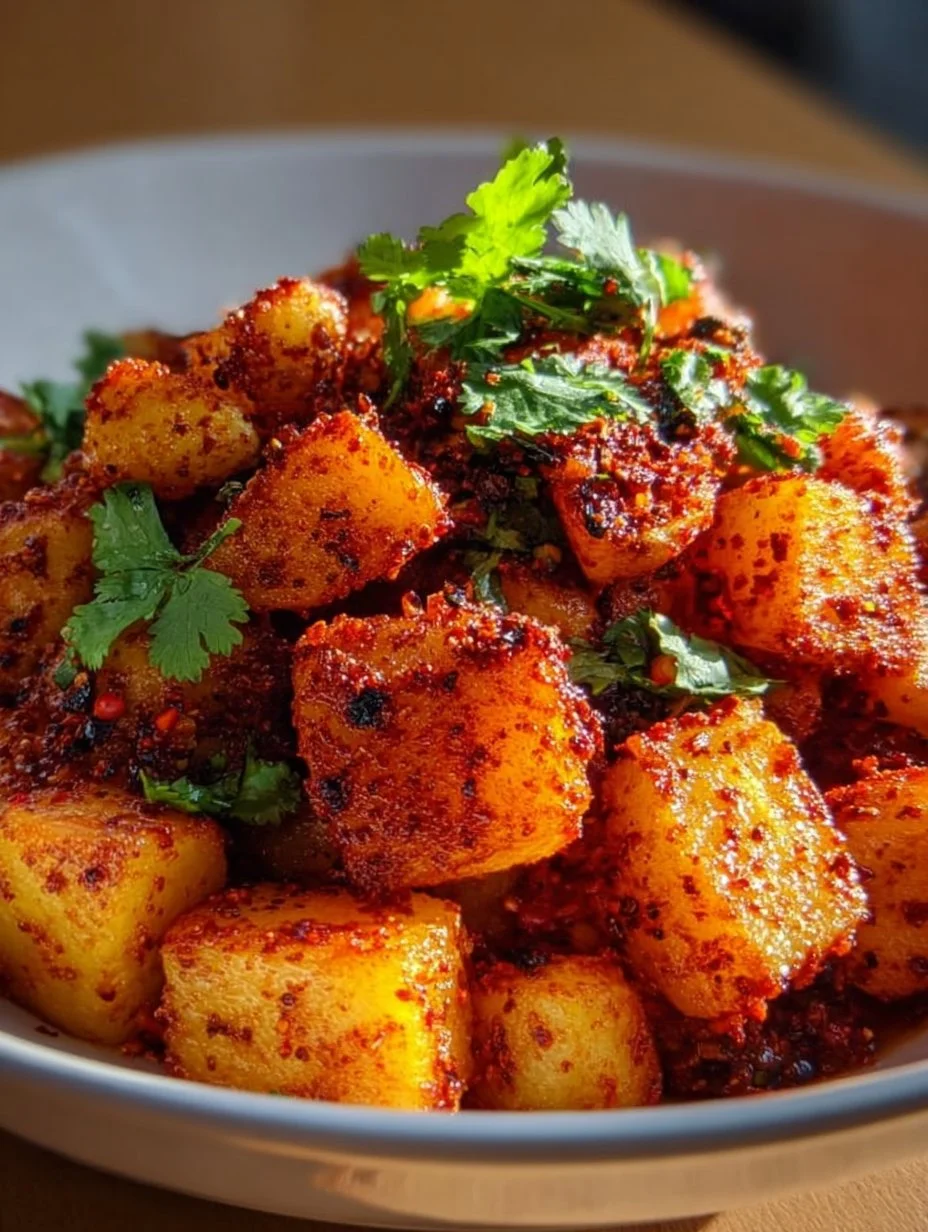 A plate of spicy Mexican-style street potatoes garnished with herbs and spices