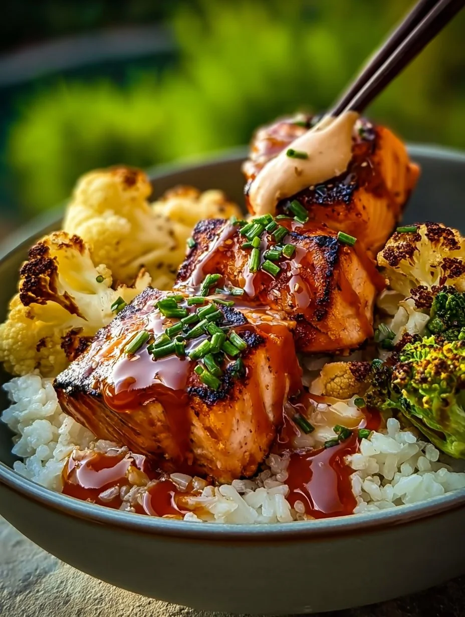 Sriracha Honey Salmon bowl topped with fresh vegetables and rice