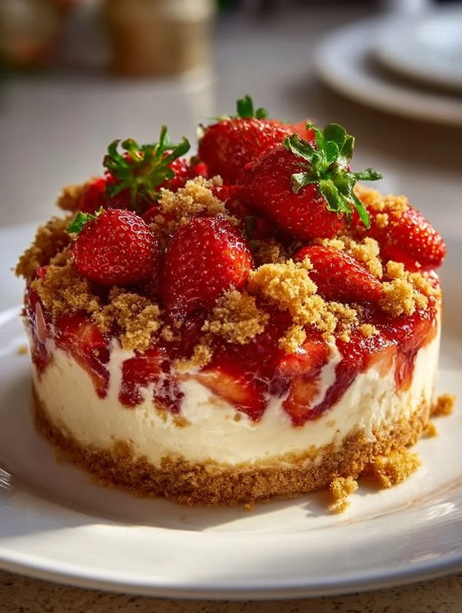 Delicious strawberry crumble cheesecake topped with fresh strawberries and crumble
