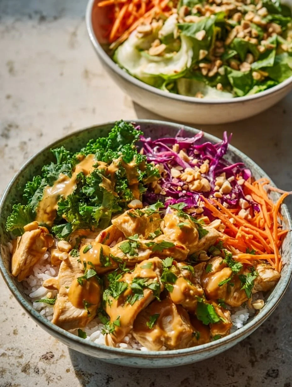 A colorful Thai Peanut Chicken Buddha Bowl with vegetables and peanut sauce.