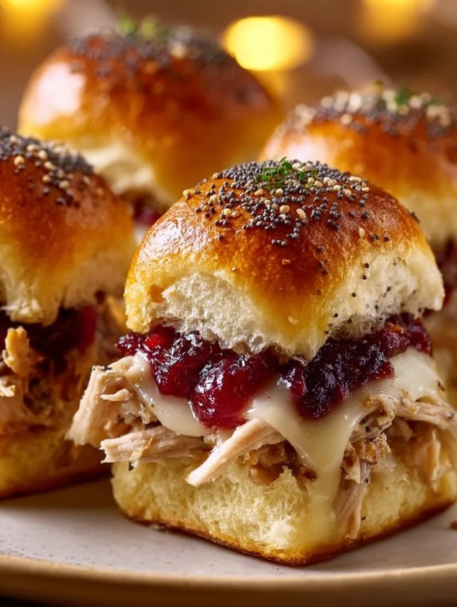 Thanksgiving leftover turkey cranberry sliders served on a platter
