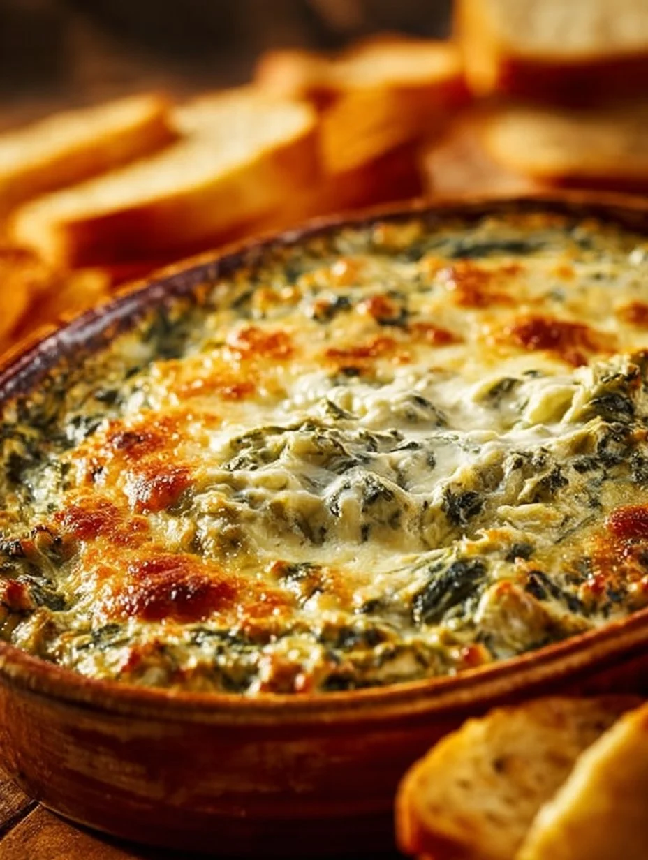 Ultra creamy hot spinach artichoke dip served in a bowl with crispy crackers