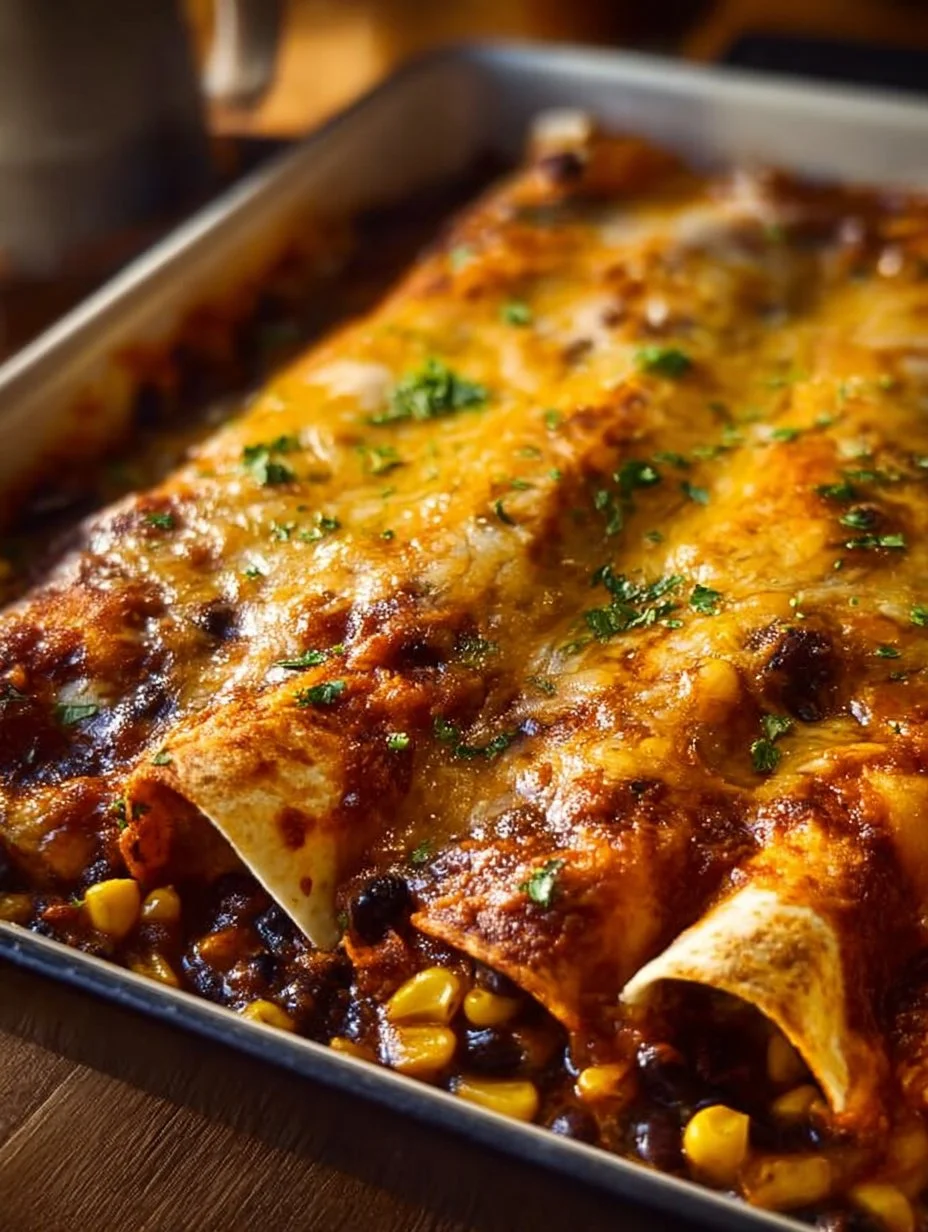 Delicious vegetarian black bean enchiladas topped with cheese and herbs