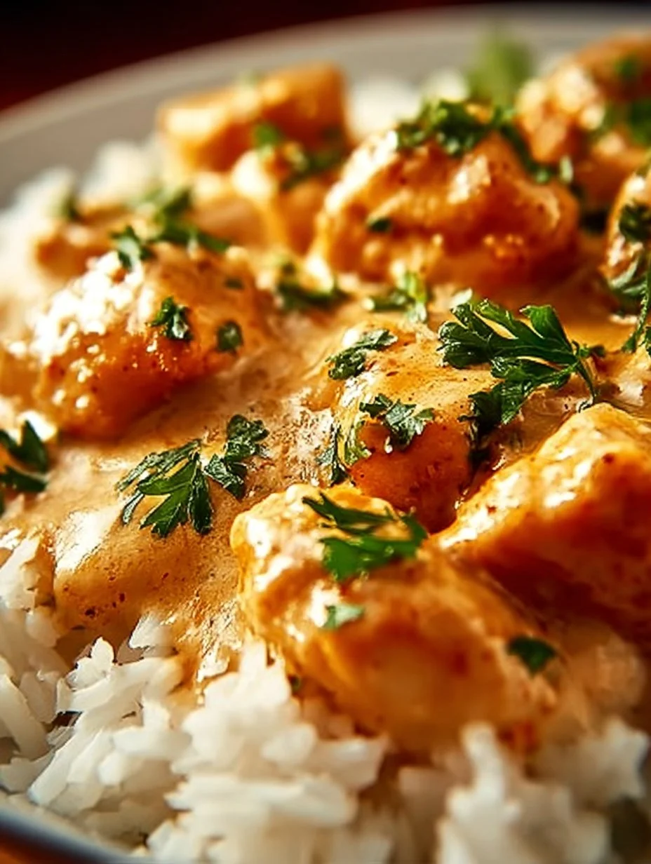 Creamy smothered chicken served over rice, a comforting and delicious meal.