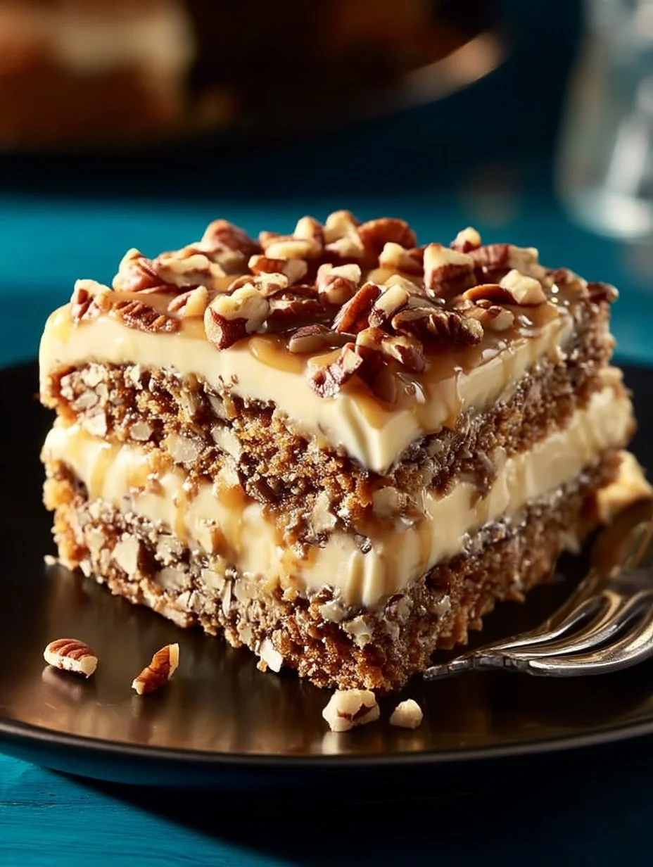 Irresistibly moist Texas Tornado Cake topped with frosting and nuts.