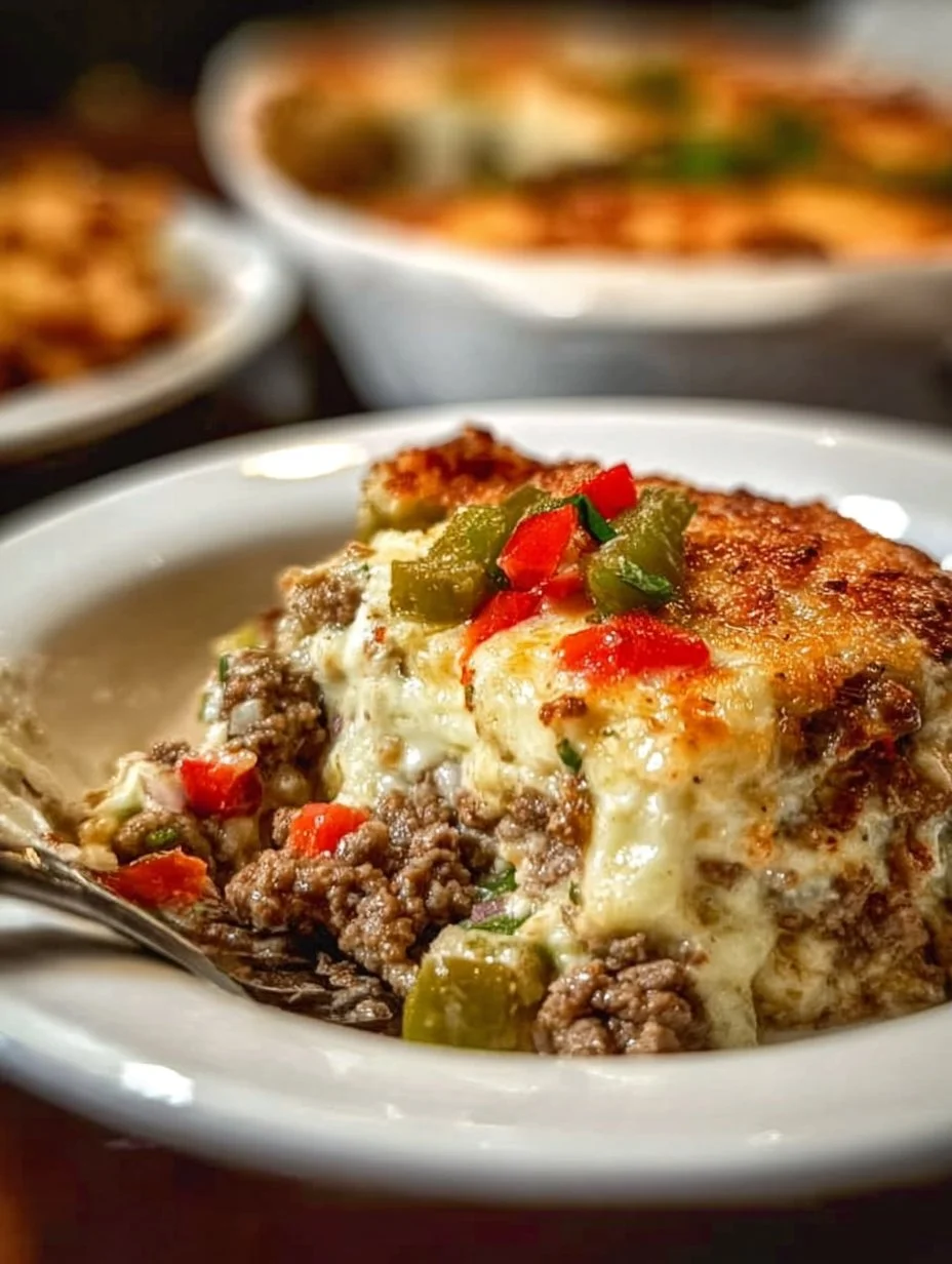Low Carb Philly Cheesesteak Casserole topped with cheese and peppers