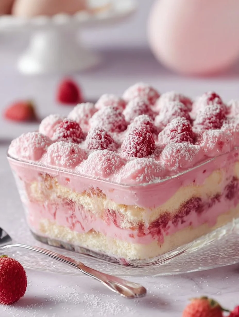 Delicious White Chocolate Raspberry Tiramisu dessert with raspberry garnish