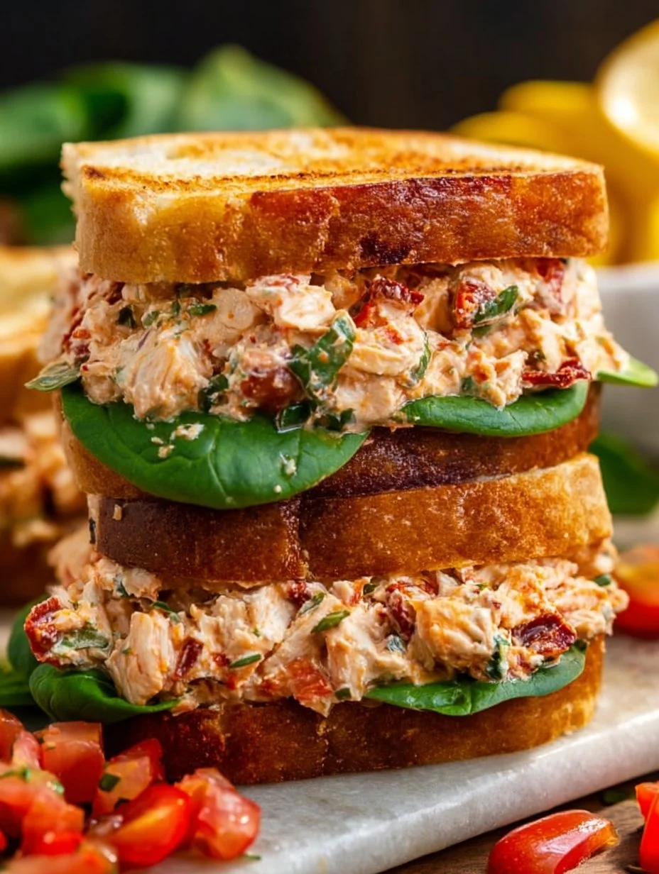 Zesty Sun-Dried Tomato Chicken Salad topped with fresh greens and herbs