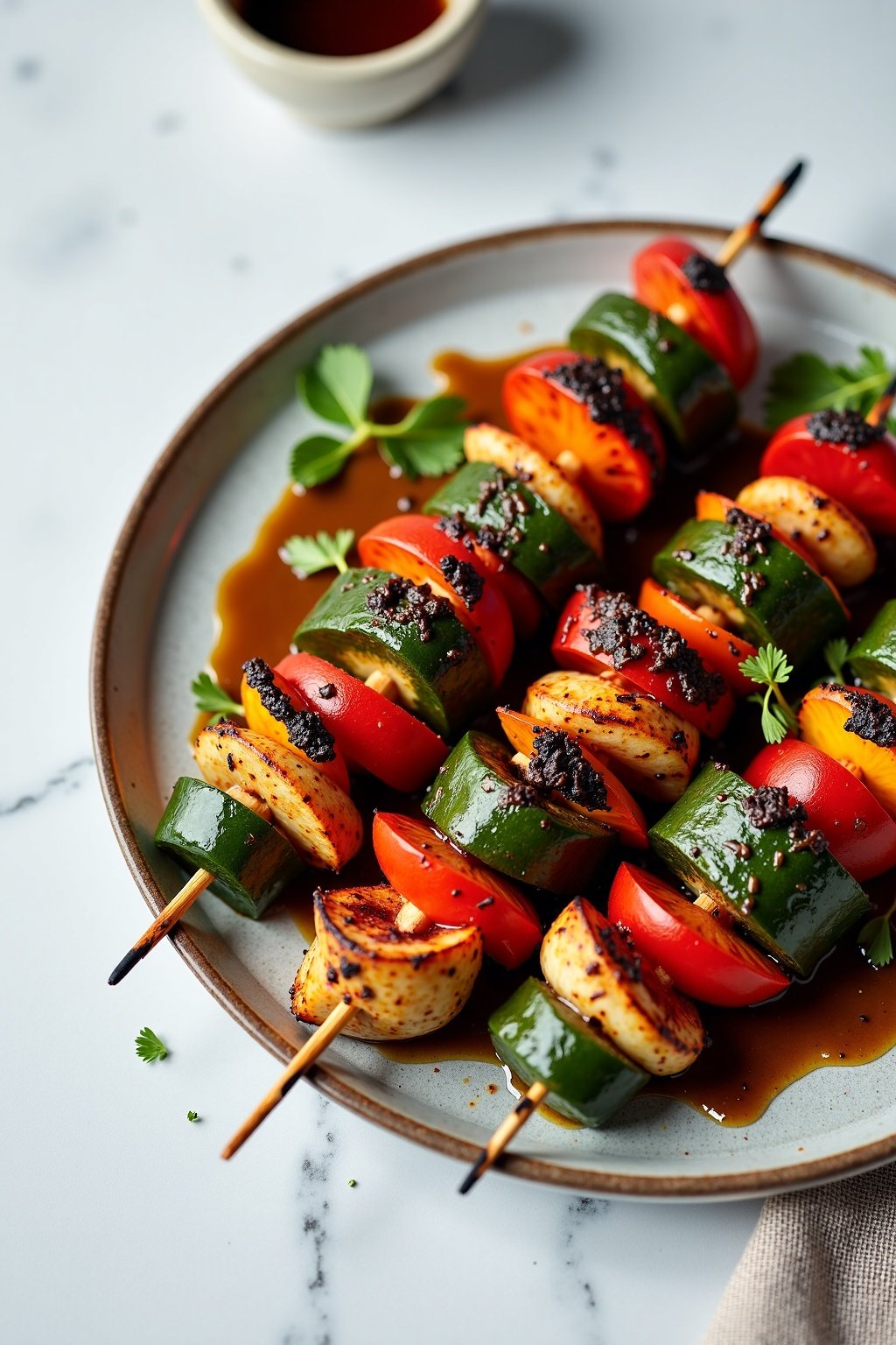 Balsamic Grilled Vegetable Skewers on ceramic dish, vibrant textures
